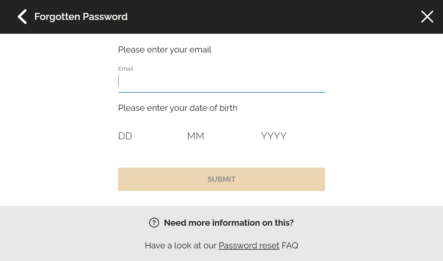 Gala Casino forgot password screen