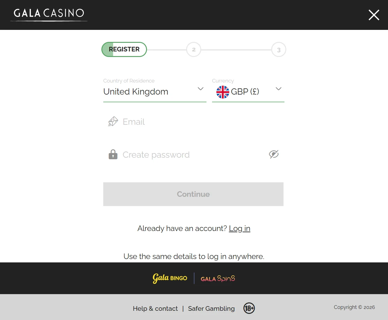 Gala Casino registration form